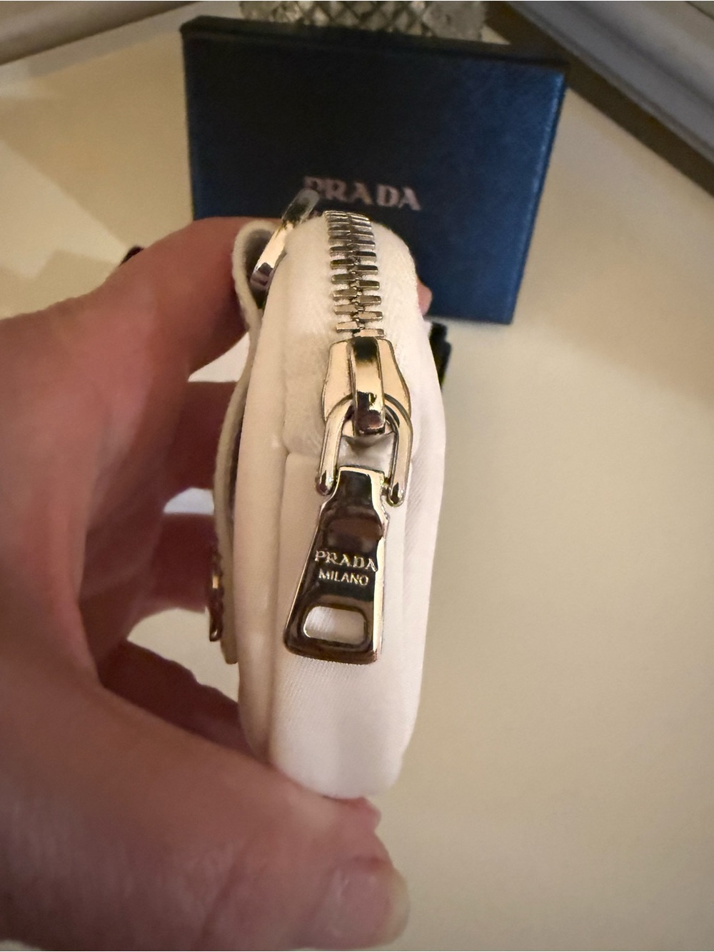 Prada White Mini Pouch Keychain Charm – Silver Hardware – Box - Picture 3 of 6